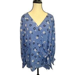 Women’s Talbots BLUE WHITE Floral Wrap Blouse Long Sleeve Viscose Sz 2X NWT